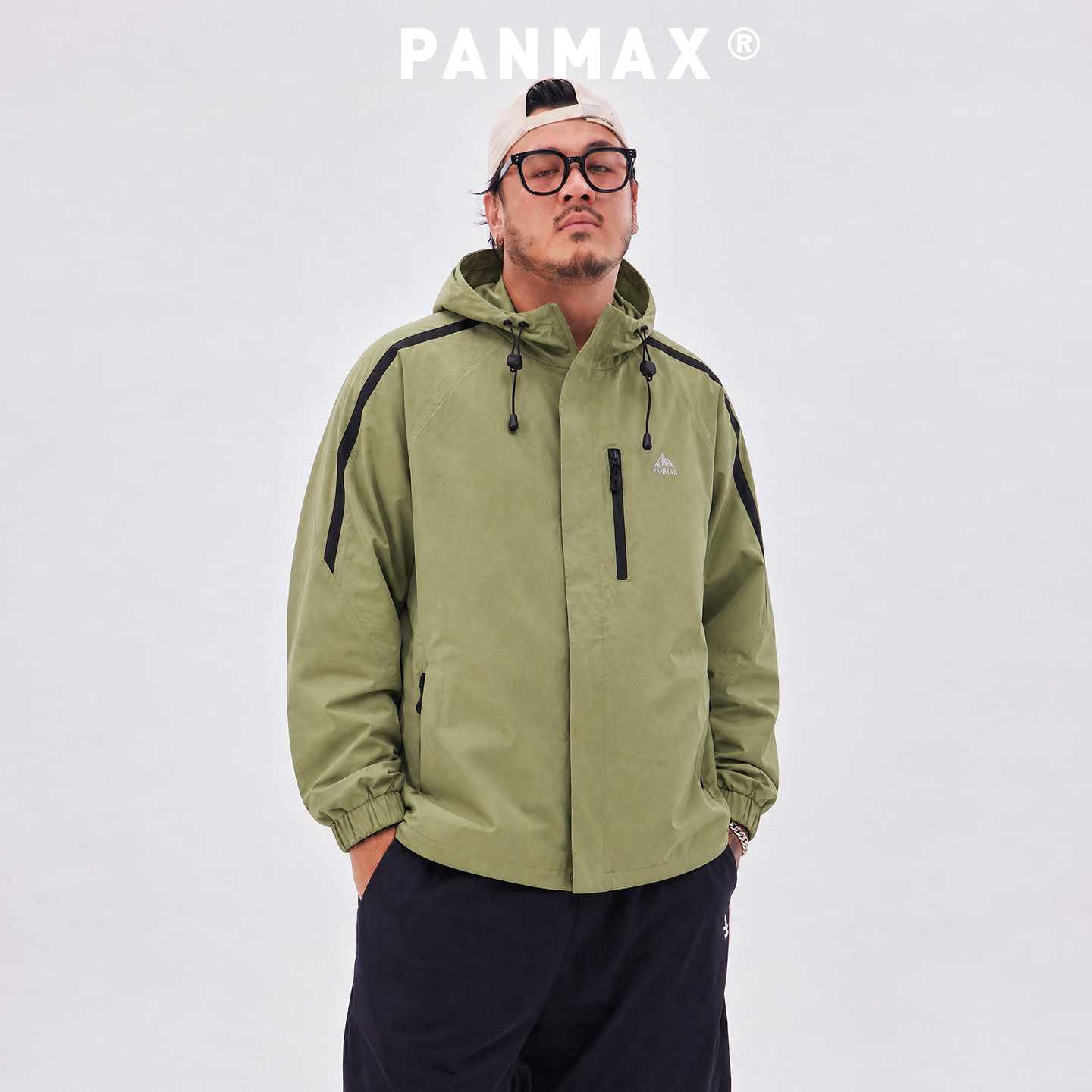 PANMAX潮牌大码Cityboy机能风肩部撞色条纹连帽衫复古半拉链外套