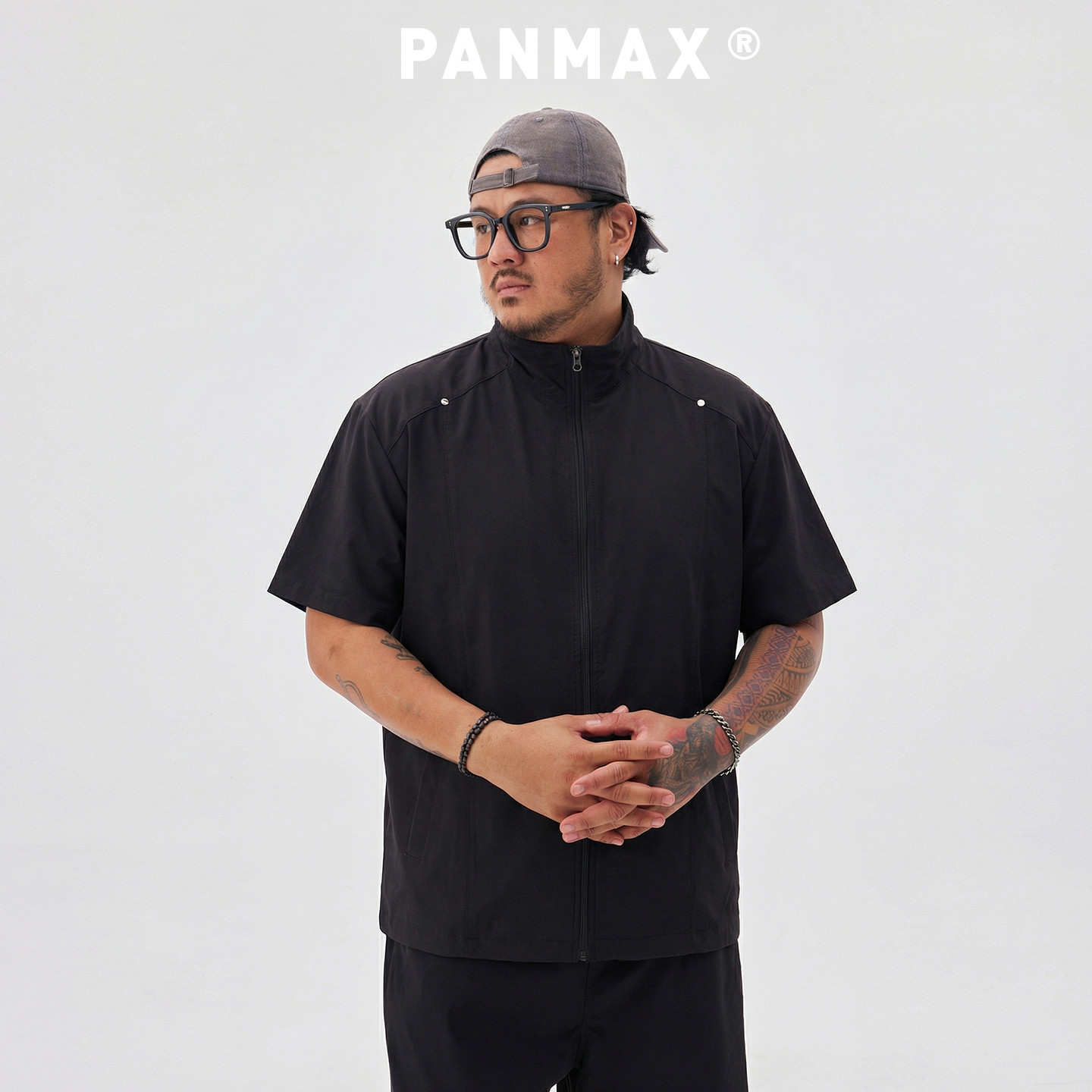PANMAX潮牌大码男装2026春夏开衫短袖T恤立领拉链铆钉机能风设计