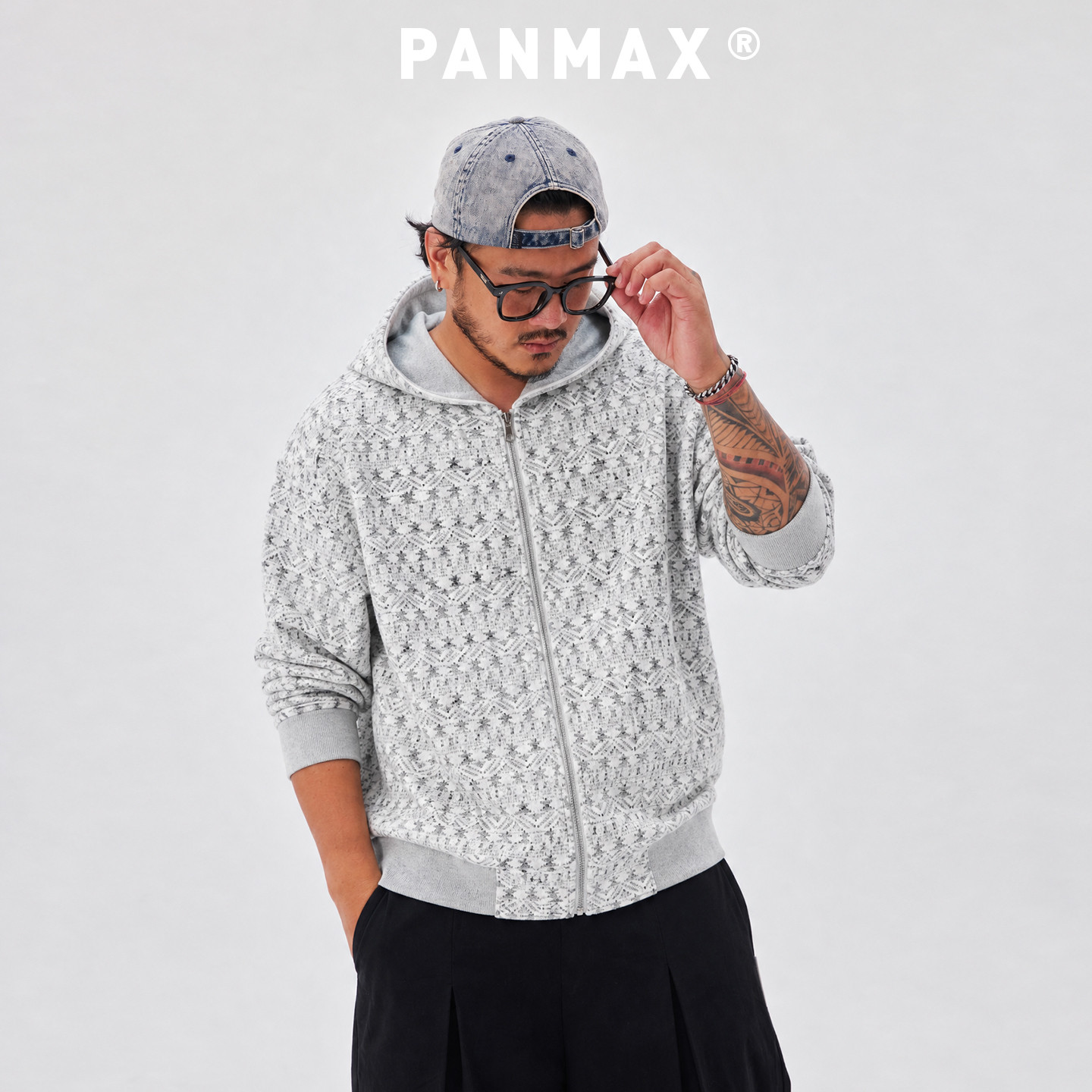 PANMAX潮牌大码男士费尔岛提花卫衣复古几何图案连帽休闲外套
