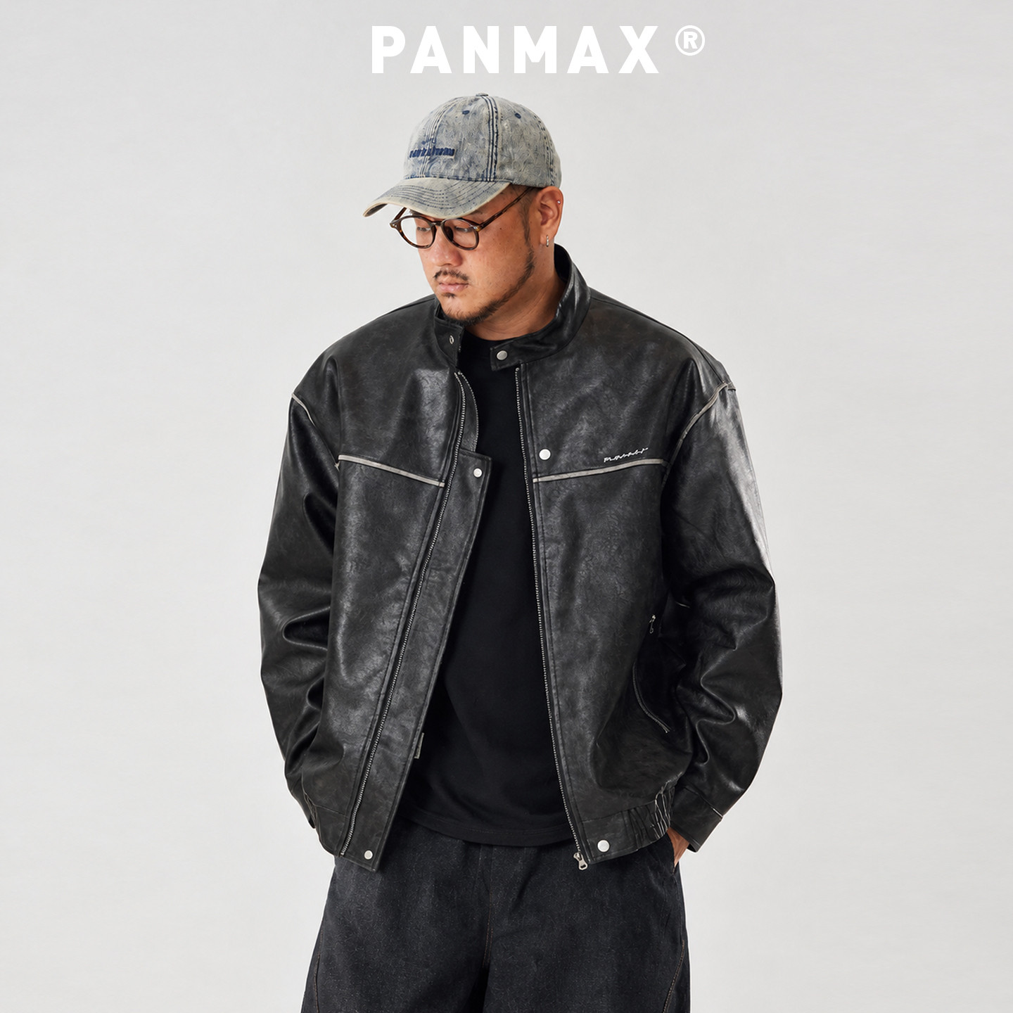 PANMAX潮牌大码皮衣外套春秋新款水洗PU皮夹克立领拉链机车服上衣