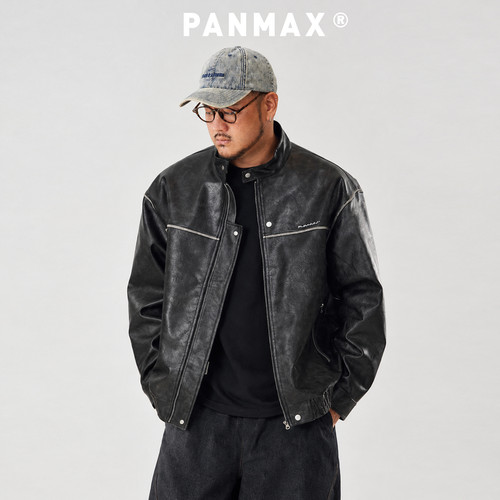 PANMAX潮牌大码皮衣外套春秋新款水洗PU皮夹克立领拉链机车服上衣