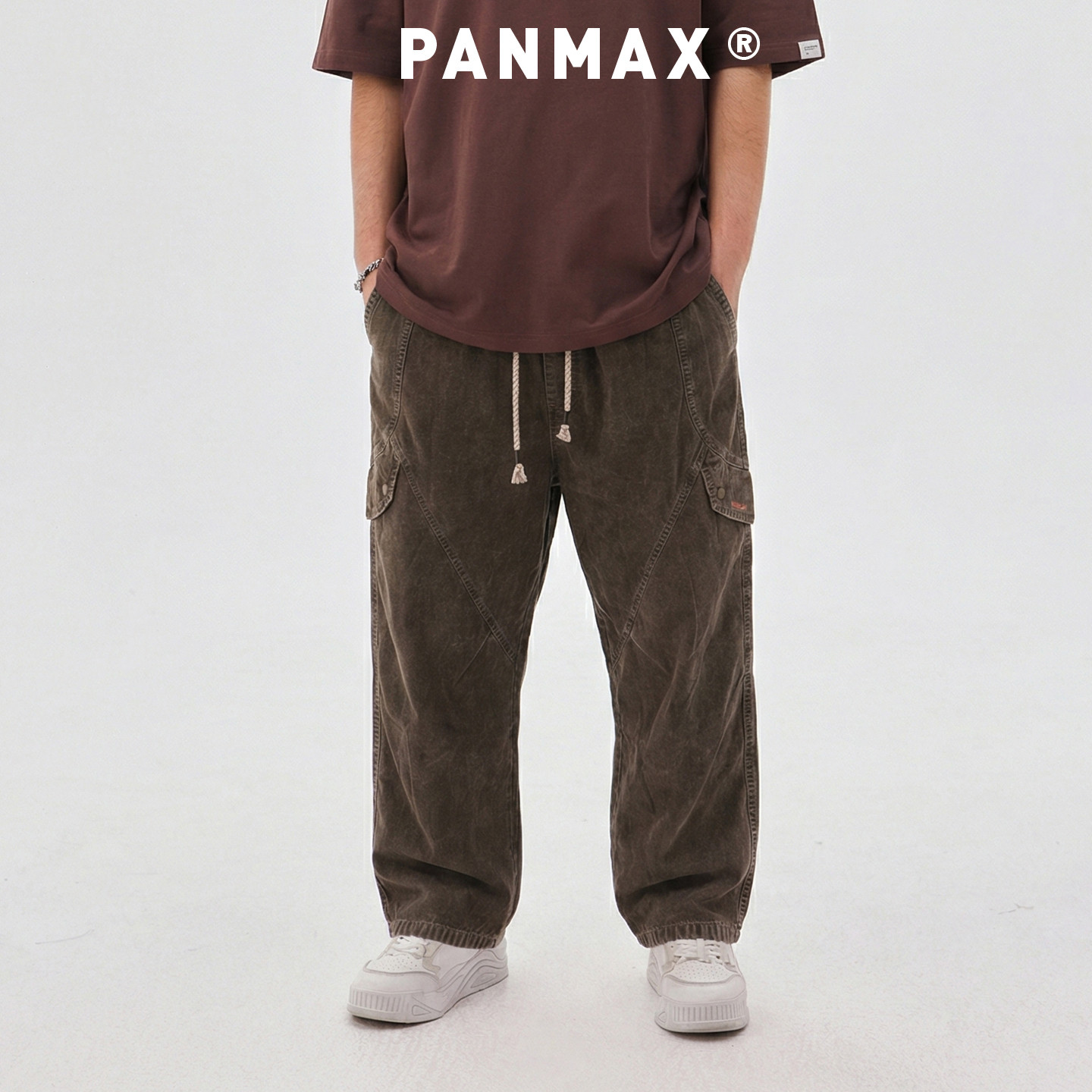 PANMAX潮牌大码男装春秋水洗棉牛仔裤工装拼接阔腿裤抽绳日常通勤