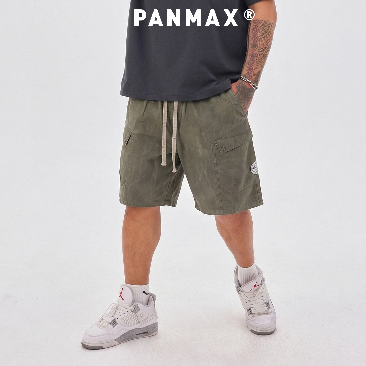 PANMAX潮牌男装春夏工装短裤纯棉图徽设计多口袋短裤水洗做旧设计