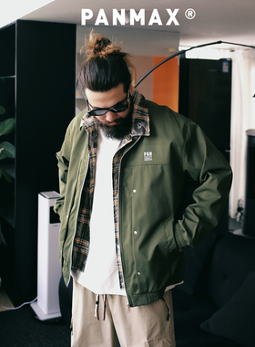 PANMAX潮牌大码男装时尚休闲假两件工装夹克外套纯色翻领情侣上衣