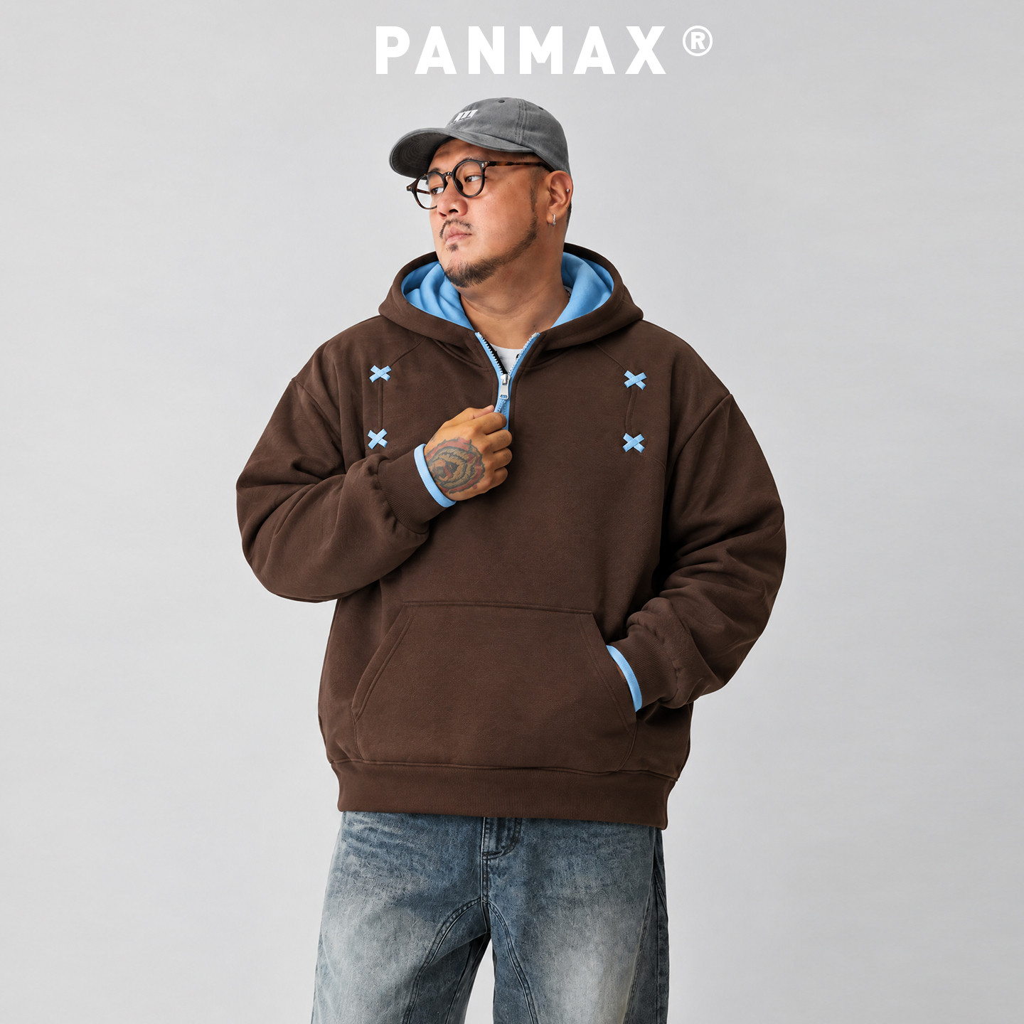 PANMAX潮牌大码男士连帽卫衣秋新款半拉链上衣宽松休闲长袖套头衫