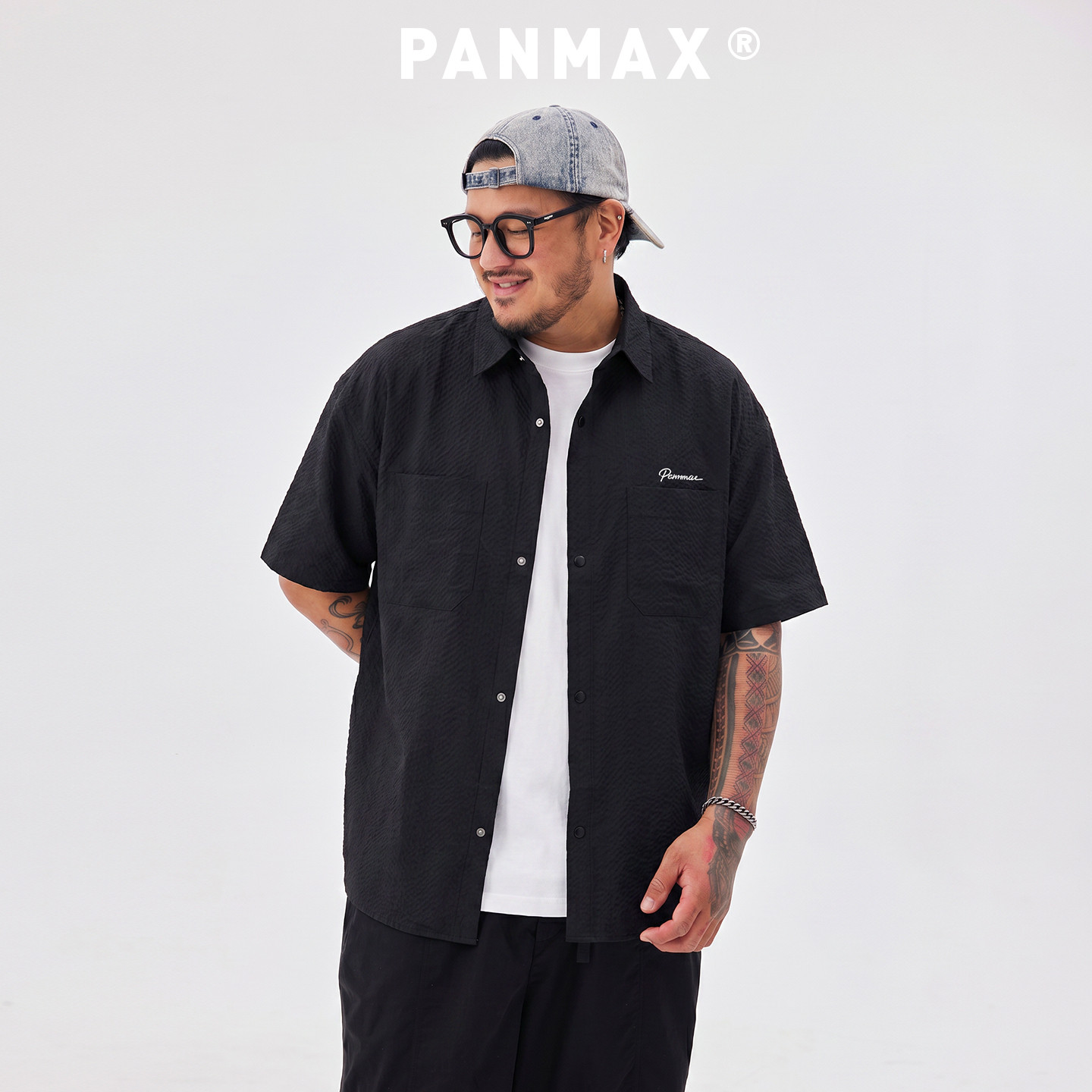 PANMAX潮牌男士休闲宽松泡泡纱短袖衬衫衬衣夏季情侣翻领速干轻盈