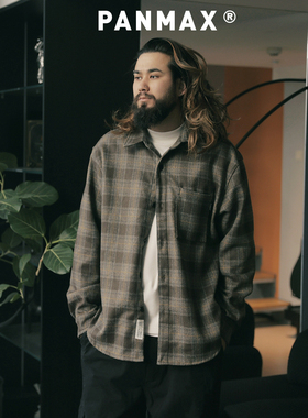 PANMAX潮牌大码男装春季格纹长袖衬衫宽松休闲简约衬衣外套
