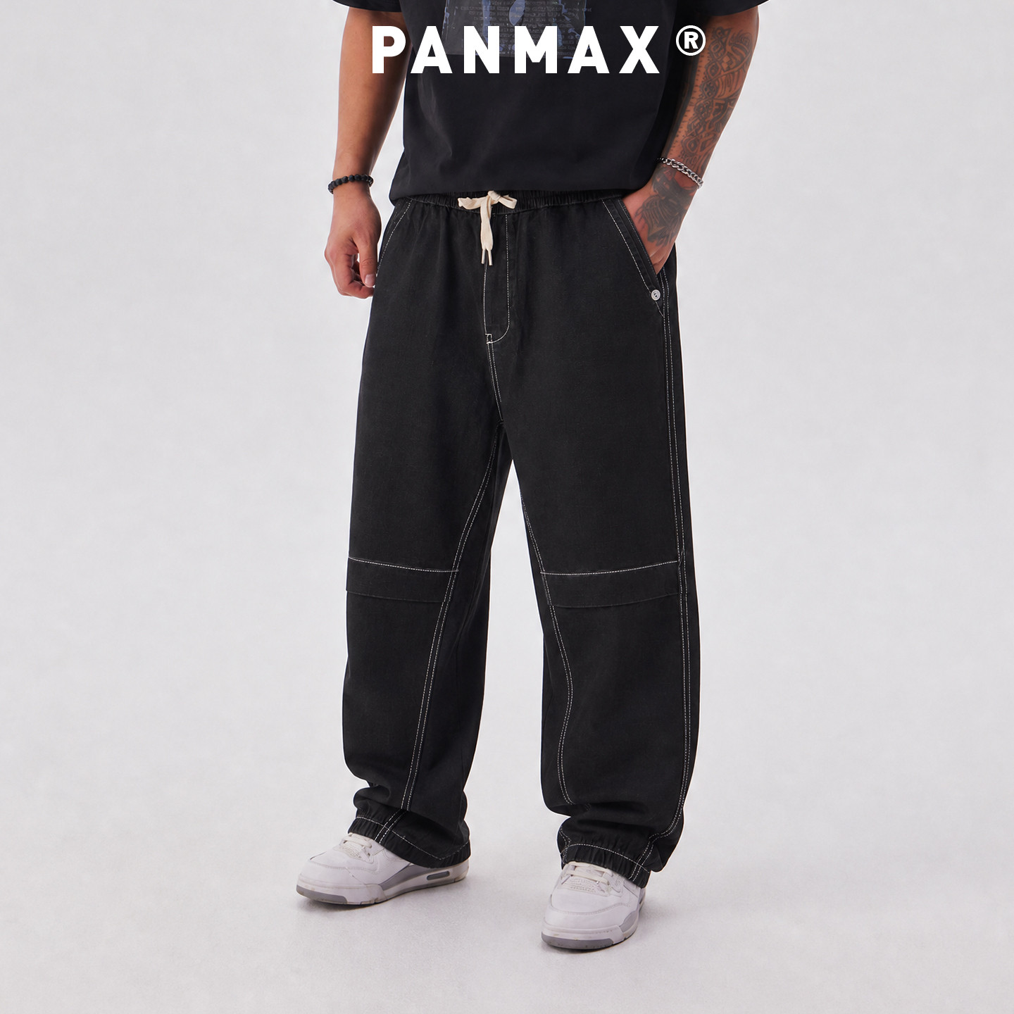PANMAX潮牌大码男装明线拼接牛仔裤个性设计感美式高街宽松长裤子