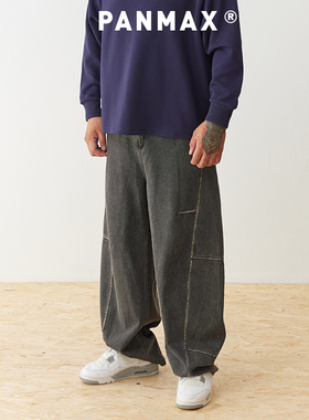 PANMAX潮牌大码男装秋冬美式休闲弯刀牛仔裤长裤男士宽松灰色