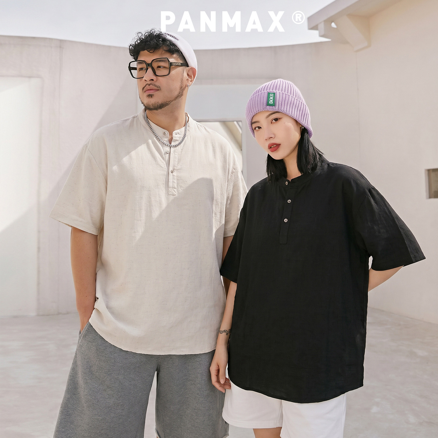 【莱赛尔】PANMAX潮牌大码中式老钱宽松亨利领T恤简约透气棉麻感