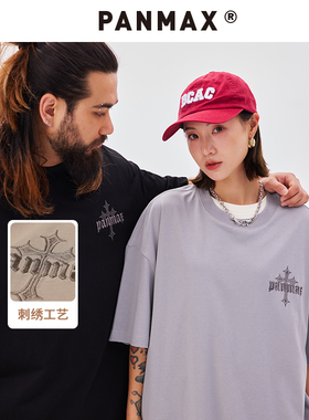 PANMAX潮牌大码男装夏季新款圆领短袖T恤潮流百搭上衣男刺绣