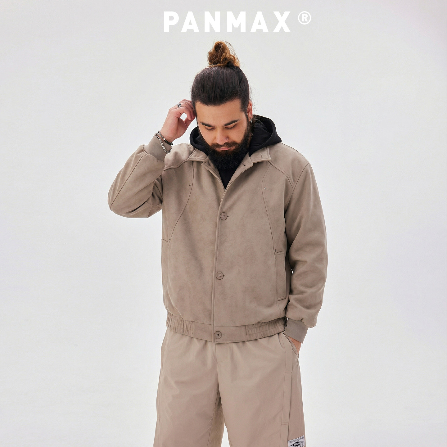 PANMAX潮牌大码男装春秋夹克复古假俩件连帽工装外套像皮质感夹克