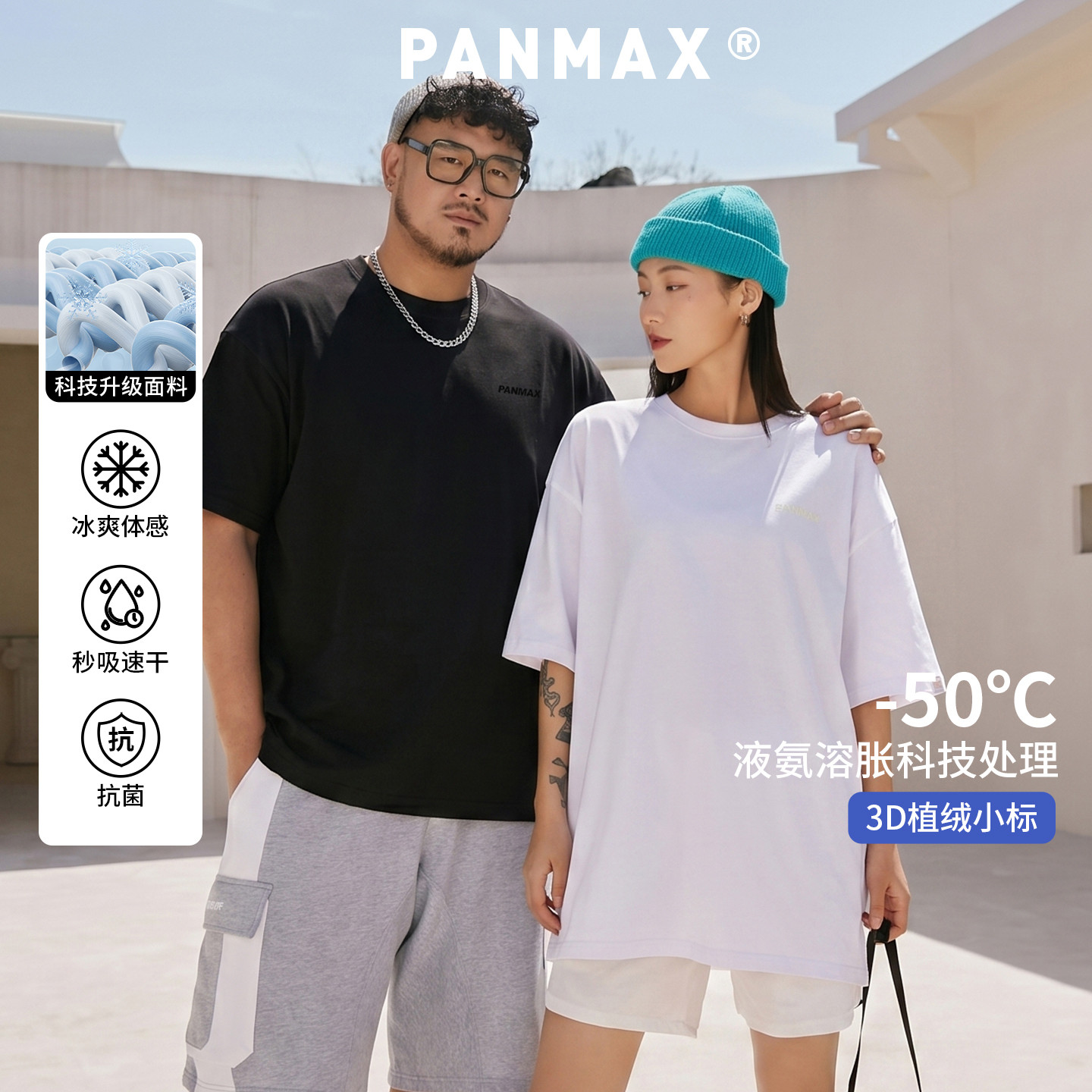 PANMAX潮牌大码男装液氨棉防晒速干抗菌纯色短袖T恤加大透气短袖 - 实物图