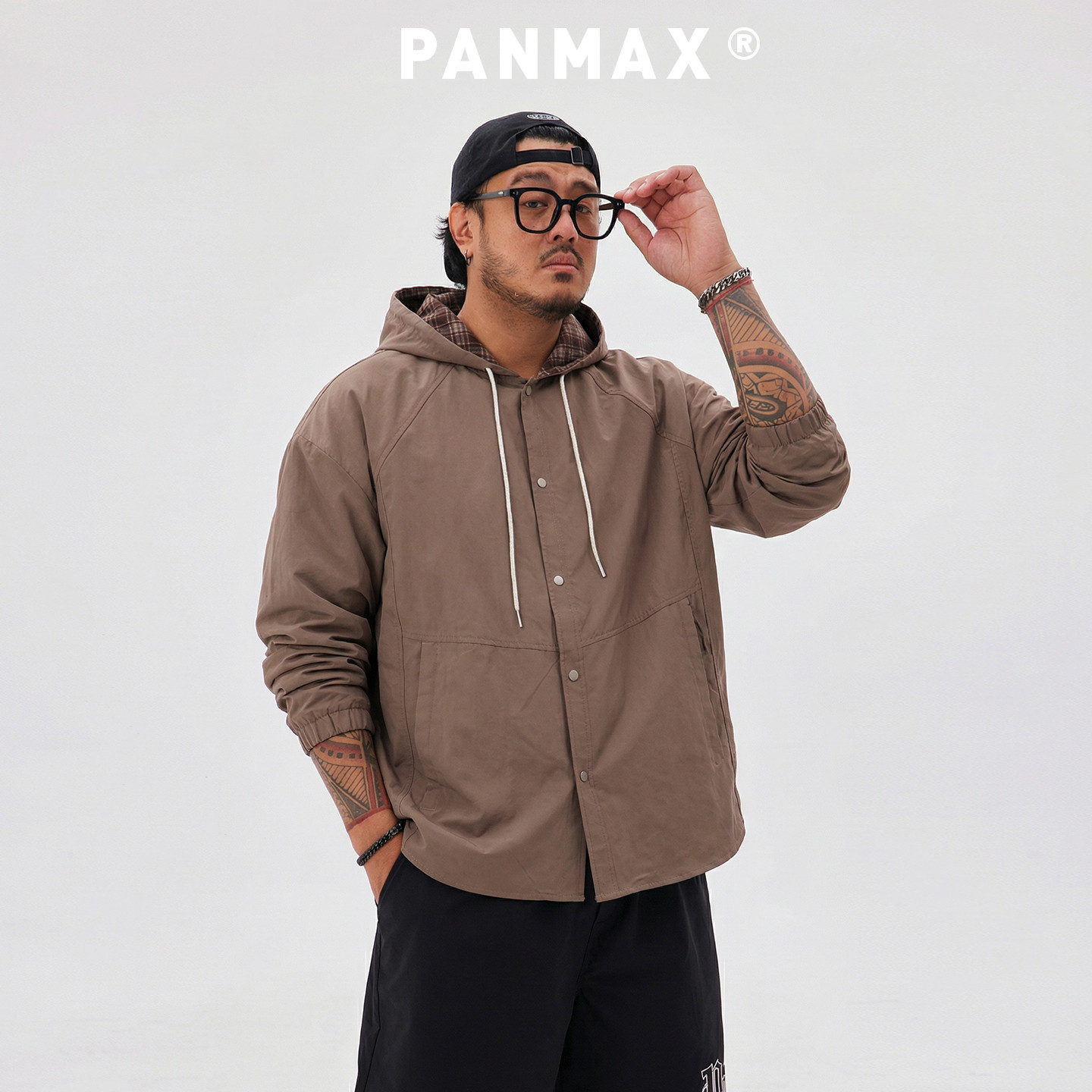 PANMAX潮牌男装春秋连帽外套工装风按扣衬衫式夹克格纹内衬设计
