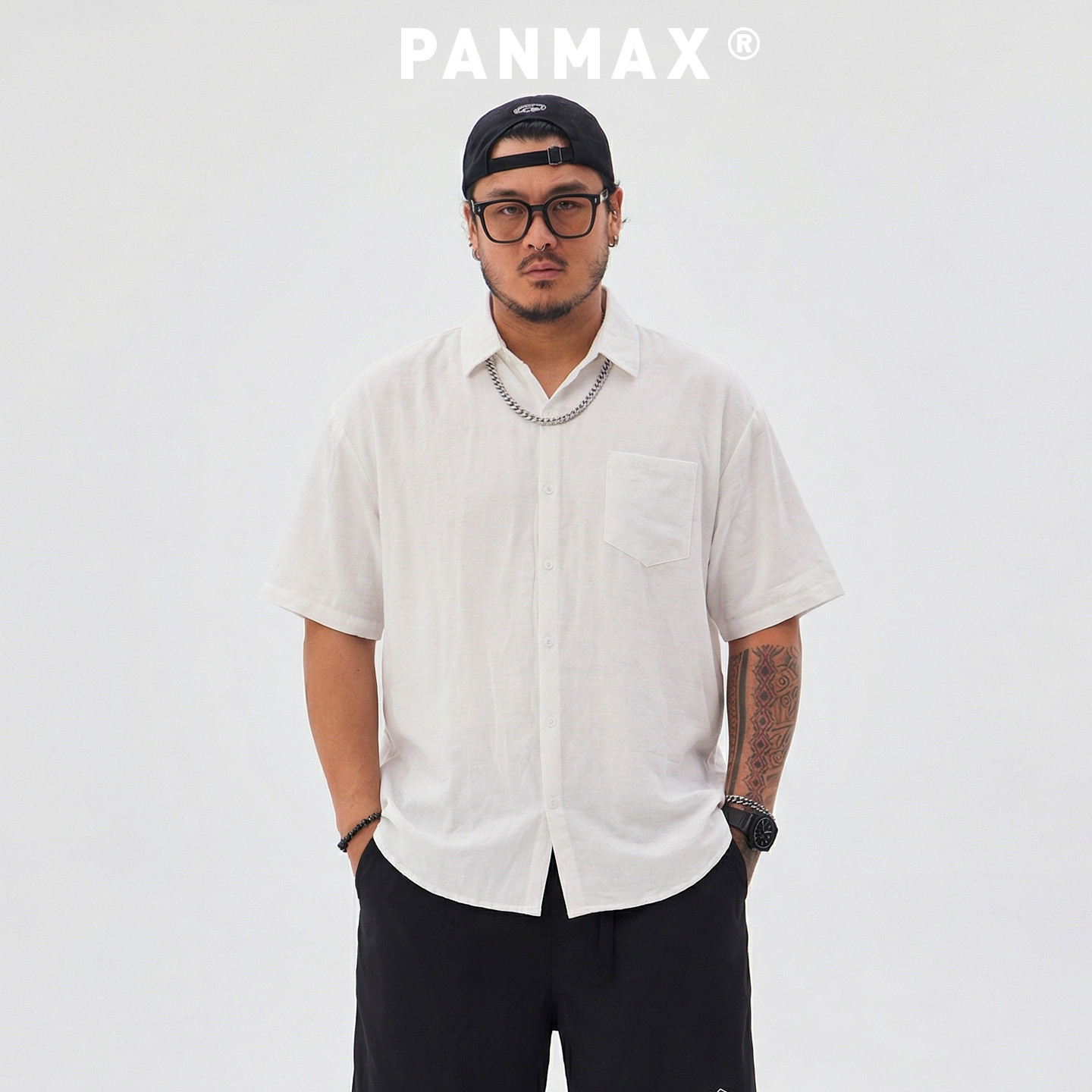 PANMAX潮牌大码男装2026夏季亚麻青春活力风衬衫宽松翻领纯色短袖