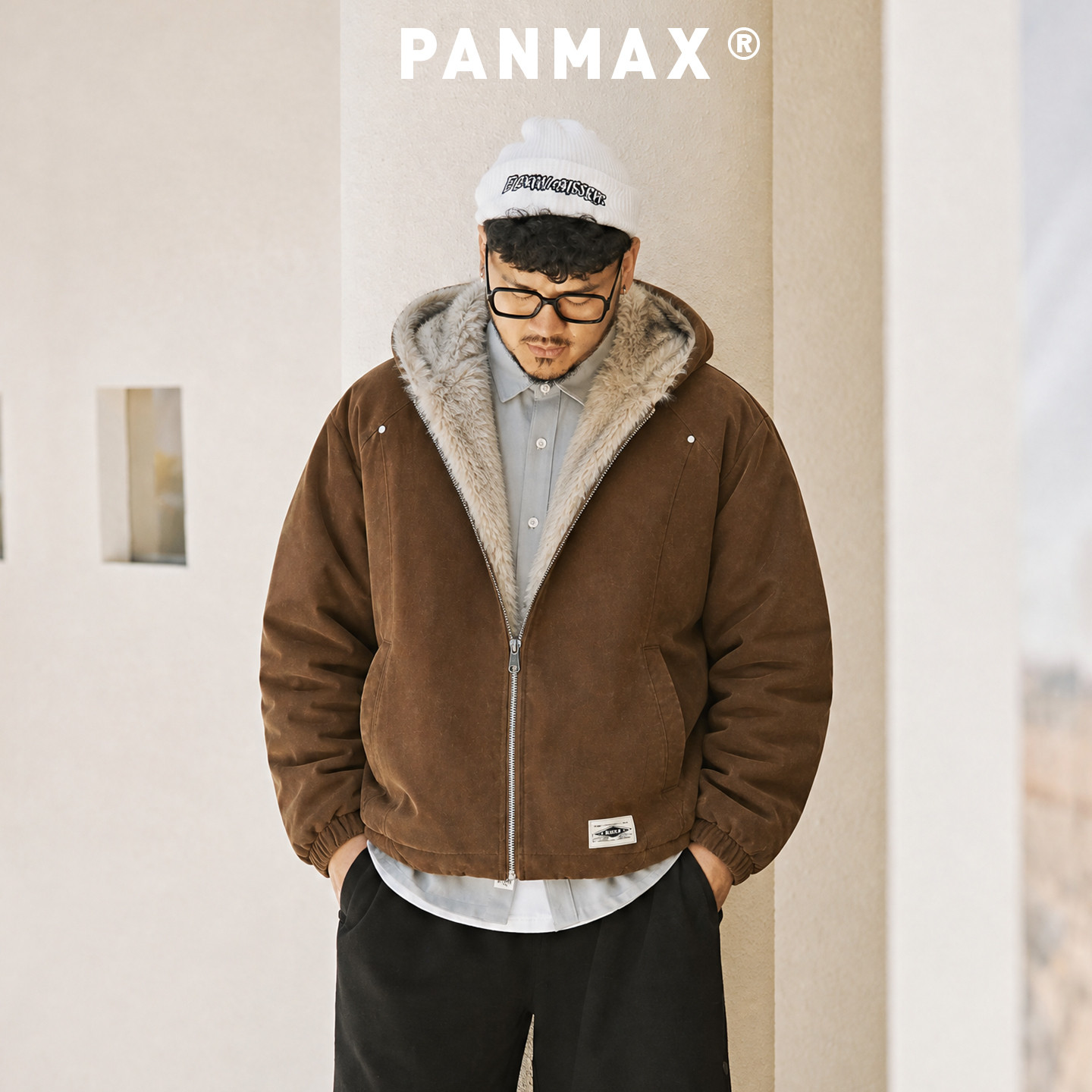 PANMAX潮牌大码2026秋冬款座山雕连帽棉服皮夹克加厚保暖宽松加绒