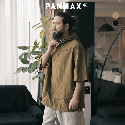 PANMAX大码潮牌男装工装小立领短袖连帽衬衫加大痞帅透气夏款半袖