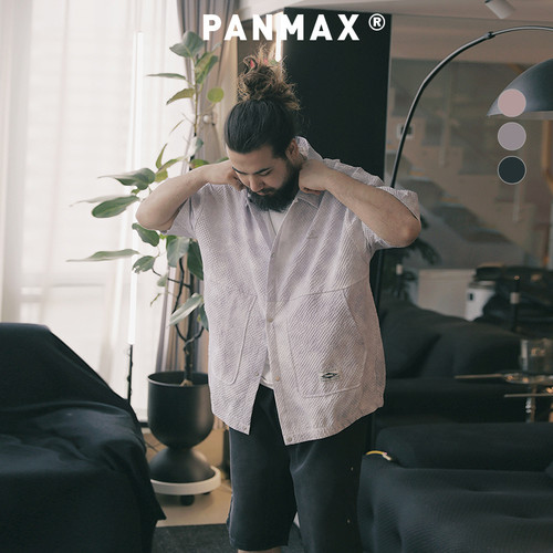PANMAX大码男装潮牌夏季新款日系扎染工装口袋短袖衬衫上衣