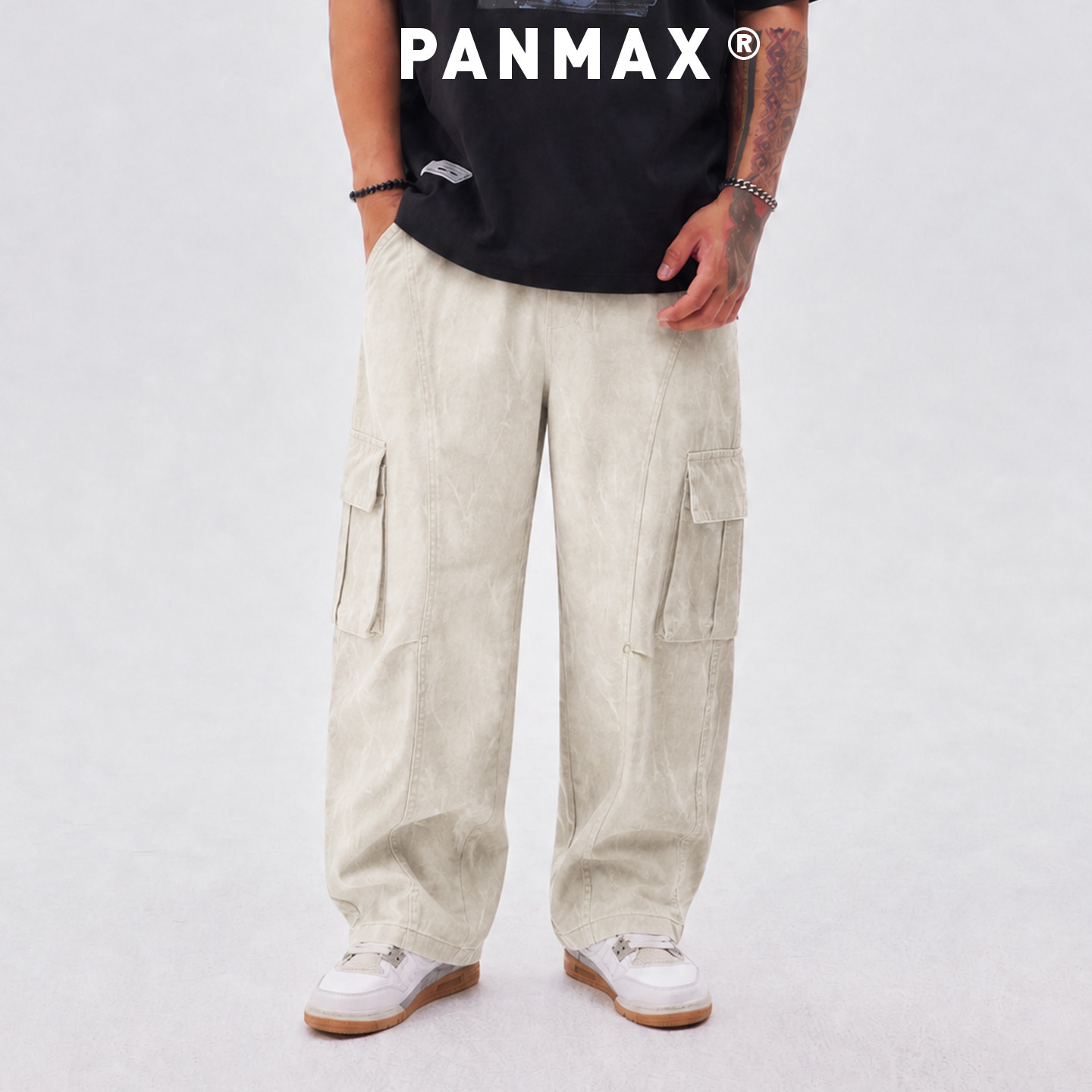 PANMAX潮牌大码美式高街复古水洗做旧工装裤男直筒抽绳休闲长裤男