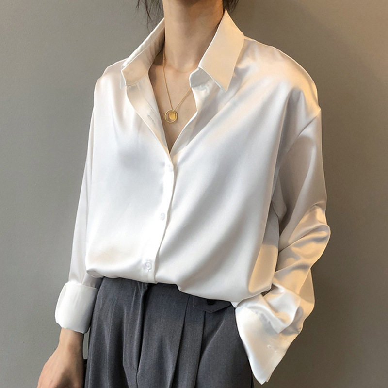 醋酸丝绸缎面白衬衫女2026春衬衫