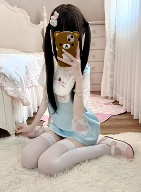 妄想少女原创海盐喵喵软妹可爱套装服饰萌妹蓝色系小猫元素套装