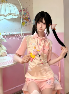 妄想少女原创粉兔班软妹甜美粉色卡通图案少女软萌夏季软妹风格宅