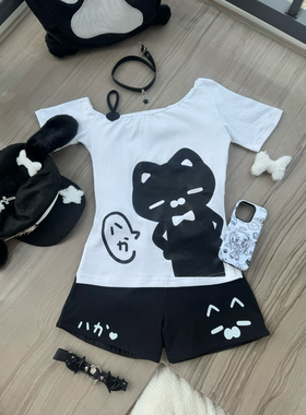 妄想少女原创八嘎猫日系宅妹可爱夏季斜肩套装服饰萌日常动漫猫系