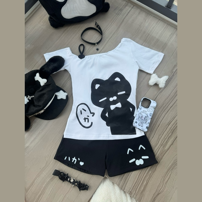 妄想少女斜肩T恤印花显瘦日常