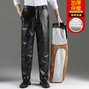 子 男摩托车加绒加厚棉保暖皮裤 中老年男士 秋冬防水防风pu机车皮裤