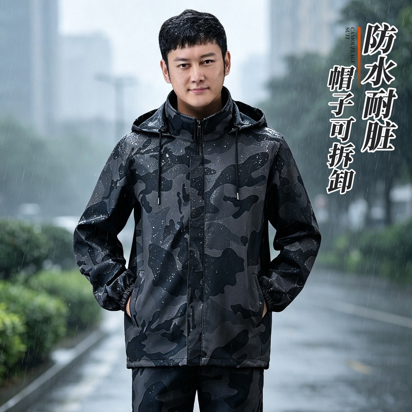 春秋单款迷彩防风防水皮衣套装男