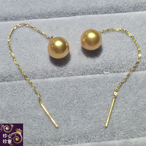 金色天然海水珍珠耳线耳钉 南洋金珠耳环耳钩18K金AKOYA珍珠耳饰
