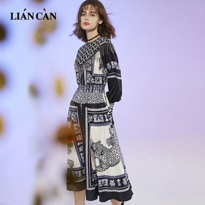 莲灿流苏链子雪纺长袖连衣裙