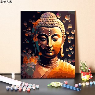 莲花佛像客厅装 数字油画diy填充手工填色中式 饰涂色丙烯油彩画画