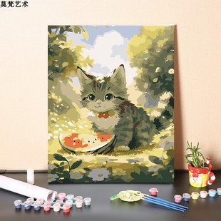 小猫咪手绘涂色卧室装 数字油画diy手工填充吃西瓜 饰丙烯油彩画