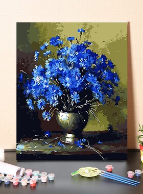 复古欧式蓝色矢车菊数字油画diy