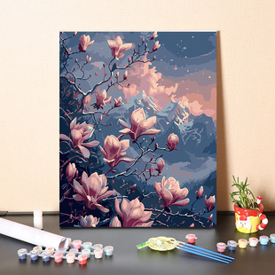 数字油画diy丙烯填充手绘手工粉色玉兰花插画治愈系油彩涂色画画