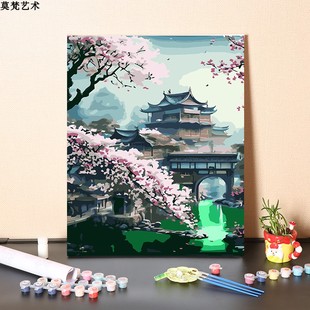 数字油画diy手工填充雄伟壮观唐朝建筑风景画手绘涂色丙烯油彩画