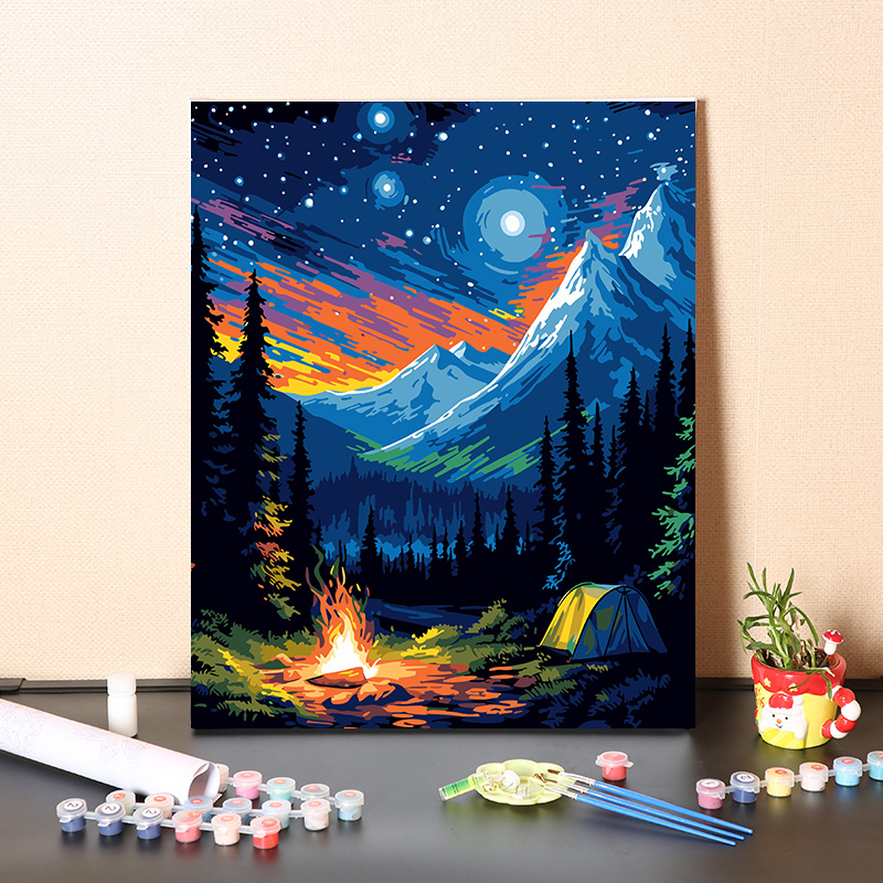 数字油画diy手工填充星光下篝火夜晚手绘涂色客厅装饰丙烯油彩画图片