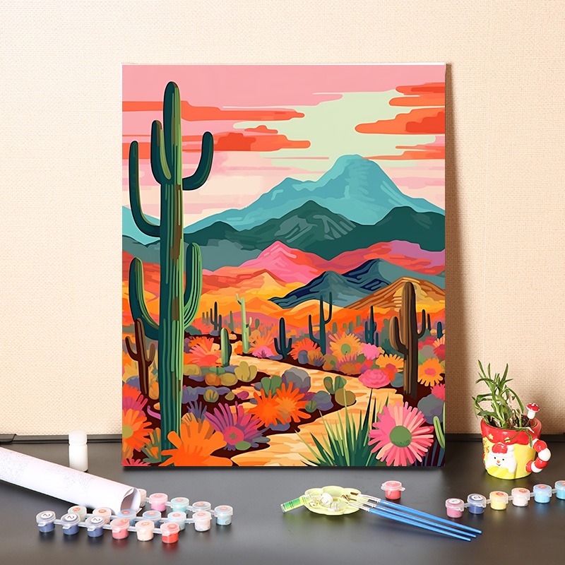 数字油画diy填充热带仙人掌花卉风景画手工填色油彩装饰丙烯画画图片