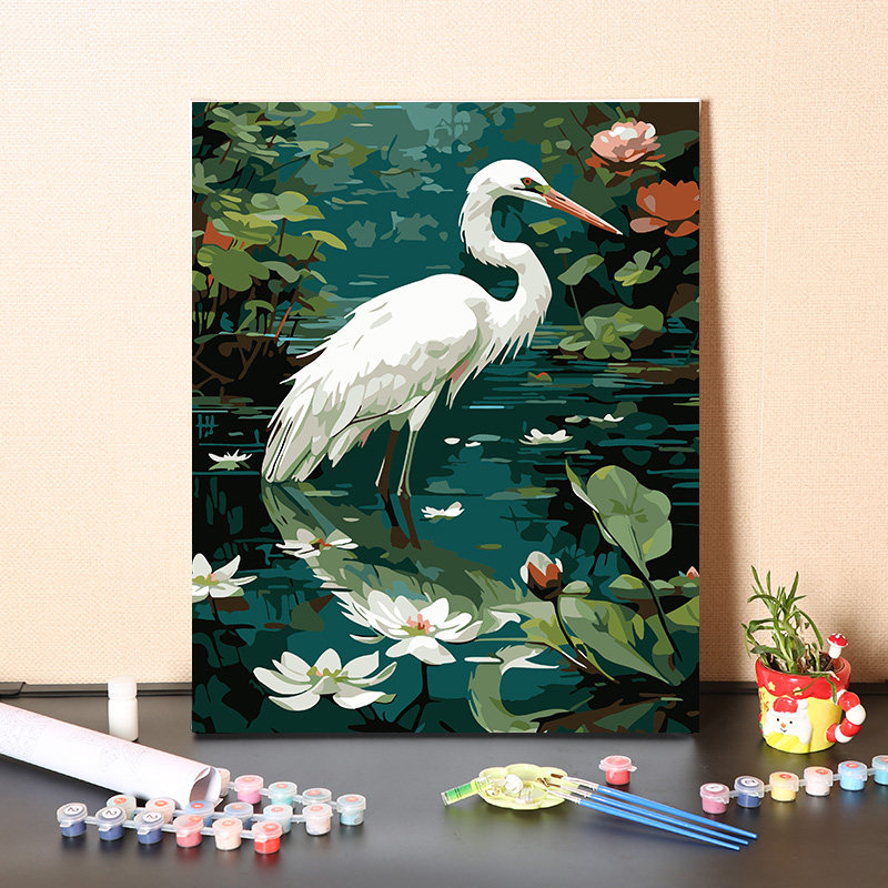 数字油画diy手工填充荷花池中白鹭治愈画客厅卧室手绘涂色油彩画
