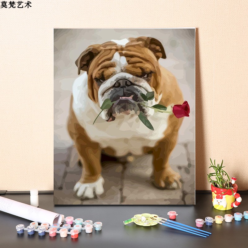 数字油画diy填充恶霸犬叼玫瑰花解闷手工狗狗彩绘填色丙烯油彩画