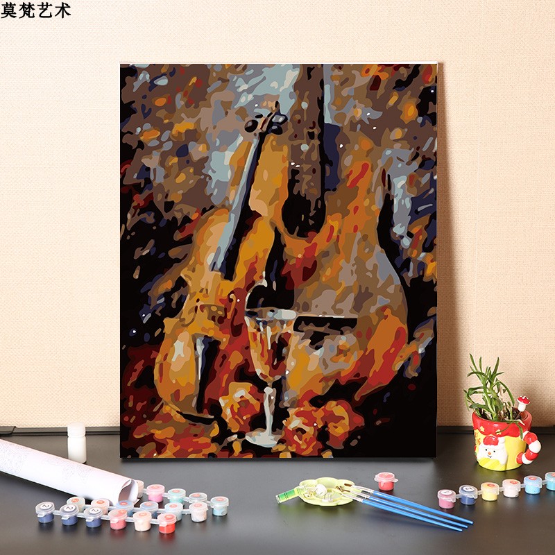 数字油画diy填充油彩画欧式大提琴艺术展厅装饰画手工丙烯涂色画图片