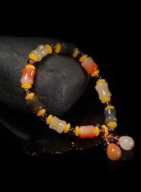 彩色天然金丝玉石葫芦竹节手链女学生闺蜜手饰新中式国风弹力手串