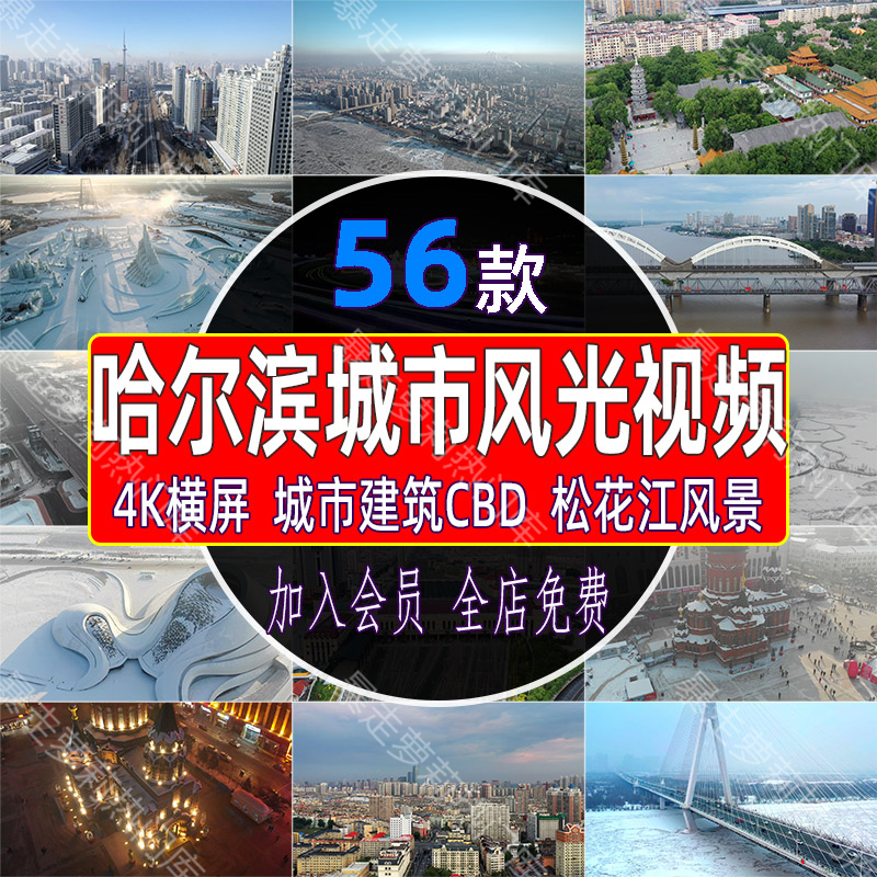 4K哈尔滨城市风光视频建筑CBD松花江圣索菲亚大教堂剧院冰灯素材