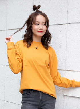 【小白家】复古风姜黄色250g重磅厚款纯棉圆领长袖T恤女男基础白T
