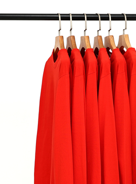 大红色重磅250g厚实纯棉圆领长袖T恤男女纯色宽松全棉体恤大码