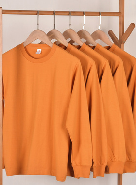 【小白家】日系姜黄色250g全棉T重磅不透纯棉圆领长袖T恤女男大码