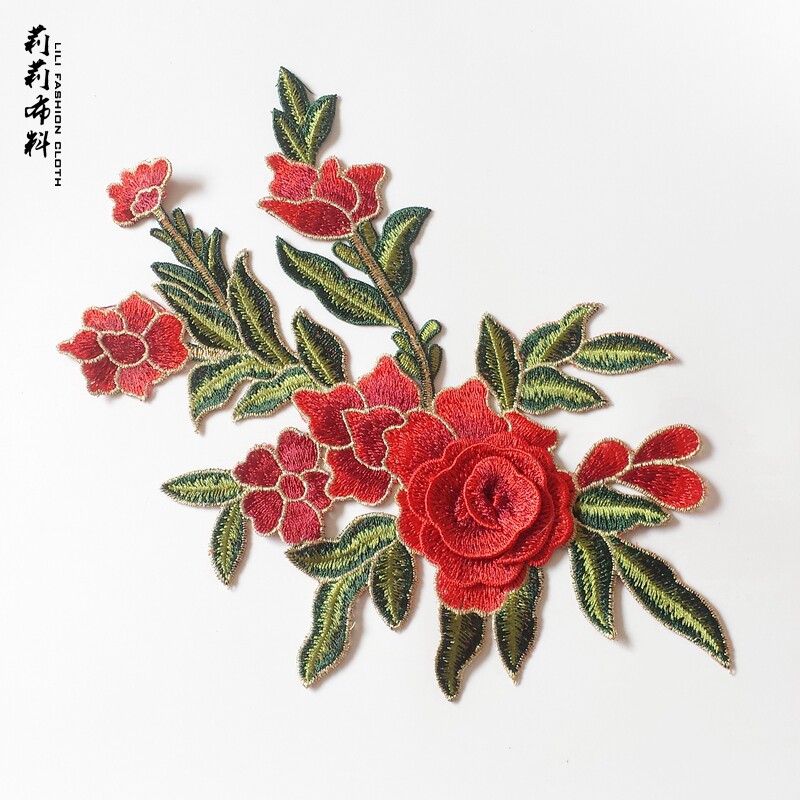 立体红色小花朵布贴重工刺绣花朵补衣服贴花装饰补丁贴布贴手缝