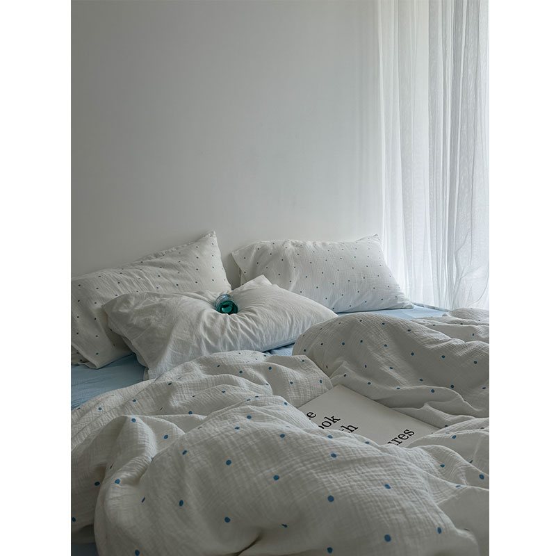 西西里的夏夜/波尔卡蓝波点松软透气双层皱纱四件套全棉床单被套