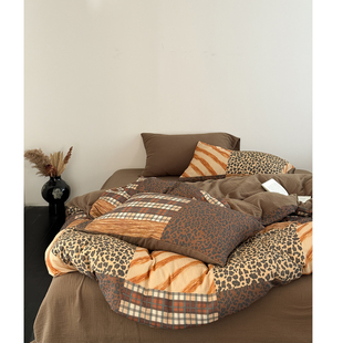 安妮海娜的日记/retro复古拼接豹纹双层纱床单四件套全棉被套床笠